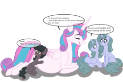 Size: 3000x2000 | Tagged: safe, artist:chelseawest, princess flurry heart, oc, alicorn, pony, unicorn, g4, adult, belly, dialogue, eyes closed, female, high res, lying down, male, mama flurry, multiple pregnancy, offspring, older, older flurry heart, on side, parent:king sombra, parent:radiant hope, parents:hopebra, pregnant, quints, quintuplets, siblings, simple background, teenager, transparent background