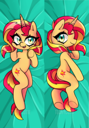 Size: 703x1008 | Tagged: safe, artist:techycutie, sunset shimmer, pony, unicorn, g4, body pillow, body pillow design, cute, female, open mouth, smiling, solo