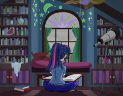 Size: 3378x2638 | Tagged: safe, artist:oinktweetstudios, sci-twi, twilight sparkle, human, g4, book, bookshelf, clothes, female, high res, humanized, reading, rear view, solo, telescope, window