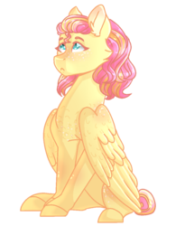 Size: 900x1100 | Tagged: safe, artist:plixine, fluttershy, pegasus, pony, g4, alternate hairstyle, cross-eyed, female, looking at something, looking up, mare, short mane, simple background, sitting, solo, stray strand, three quarter view, transparent background, wings