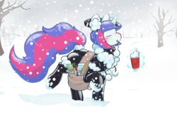 Size: 2550x1650 | Tagged: safe, artist:helixjack, oc, oc only, oc:mew, pony, unicorn, apple, carrot, celery sticks, chocolate, earwarmers, female, food, groceries, hot chocolate, latex, latex suit, milk, multicolored hair, multicolored mane, multicolored tail, rubber, saddle bag, snow, snowfall, snowman, solo, tongue out, winter, winter outfit