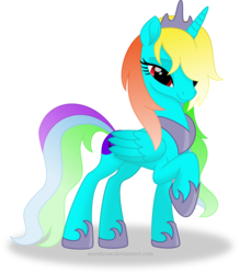 Size: 3500x3997 | Tagged: safe, artist:aeonkrow, oc, oc only, oc:cordelia music, alicorn, pony, bedroom eyes, high res, looking at you, movie accurate, one leg raised, princess, rainbow alicorn, request, simple background, solo, transparent background