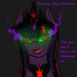 Size: 400x400 | Tagged: safe, artist:sinsays, twilight sparkle, pony, unicorn, ask corrupted twilight sparkle, tumblr:ask corrupted twilight sparkle, g4, bust, cape, clothes, color change, corrupted, corrupted element of harmony, corrupted element of magic, corrupted twilight sparkle, crown, curved horn, dark, dark equestria, dark magic, dark queen, dark world, darkened coat, darkened hair, female, horn, jewelry, magic, necklace, part of a series, possessed, queen twilight, regalia, solo, sombra empire, sombra eyes, sombra horn, tiara, tumblr, tyrant sparkle, unicorn twilight