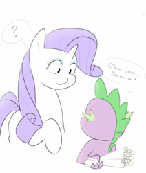 Size: 1600x1890 | Tagged: safe, artist:c0pter, rarity, spike, dragon, pony, unicorn, g4, bouquet of flowers, duo, female, flower, male, mare, question mark, ship:sparity, shipping, simple background, straight, sweat, white background