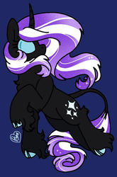 Size: 747x1133 | Tagged: safe, artist:sandwichbuns, nightmare rarity, rarity, classical unicorn, pony, unicorn, g4, blue background, cloven hooves, colored hooves, curved horn, female, horn, leonine tail, simple background, solo, tradional unicorn, unshorn fetlocks