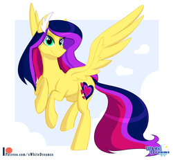 Size: 3000x2772 | Tagged: safe, artist:xwhitedreamsx, oc, oc only, pegasus, pony, abstract background, cloud, female, flying, high res, looking at you, mare, multicolored hair, patreon, patreon logo, sky, smiling, solo, spread wings, wings