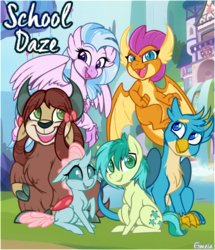 Size: 660x768 | Tagged: safe, artist:esmeia, gallus, ocellus, sandbar, silverstream, smolder, yona, changedling, changeling, classical hippogriff, dragon, earth pony, griffon, hippogriff, pony, yak, g4, school daze, bow, cloven hooves, colored hooves, cute, diaocelles, diastreamies, dragoness, eye clipping through hair, eyebrows, eyebrows visible through hair, female, gallabetes, hair bow, jewelry, male, monkey swings, necklace, sandabetes, smiling, smolderbetes, student six, teenager, yonadorable