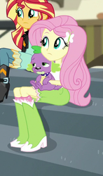 Size: 334x568 | Tagged: safe, screencap, fluttershy, spike, spike the regular dog, sunset shimmer, dog, equestria girls, equestria girls specials, g4, my little pony equestria girls: dance magic, boots, clothes, cropped, female, hairpin, male, shoes, skirt, socks