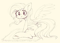 Size: 1620x1152 | Tagged: safe, artist:91o42, fluttershy, pegasus, pony, g4, blushing, cute, female, looking at you, mare, monochrome, sketch, smiling, turned head, wings