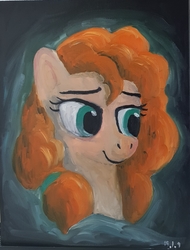 Size: 1365x1792 | Tagged: safe, artist:cocopommel, pear butter, earth pony, pony, g4, bust, canvas, female, grin, mare, oil painting, portrait, smiling, solo, traditional art