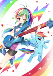 Size: 992x1403 | Tagged: safe, artist:スピカ, rainbow dash, human, pegasus, pony, equestria girls, g4, anime, blushing, boots, clothes, compression shorts, cute, dashabetes, female, guitar, human coloration, humanized, looking at you, mare, moe, one eye closed, open mouth, self ponidox, shoes, shorts, skirt, smiling, socks, wink