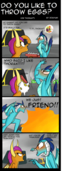 Size: 1200x2800 | Tagged: safe, artist:zouyugi, princess ember, smolder, thorax, changedling, changeling, dragon, g4, angry, blushing, egg, engrish, female, fire, implied embrax, king thorax, looking at each other, misunderstanding, no u, open mouth, pointing, shipping, tsundember, tsundere
