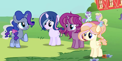 Size: 2628x1324 | Tagged: safe, artist:xxcutecookieswirlsxx, dinky hooves, liza doolots, petunia, tootsie flute, oc, oc:brighter velvet sparkle, oc:luartic sapphire, oc:rosaly, oc:safire eter, pegasus, pony, unicorn, g4, female, filly, magical lesbian spawn, offspring, parent:bulk biceps, parent:fluttershy, parent:princess luna, parent:rarity, parent:starlight glimmer, parent:tempest shadow, parents:flutterbulk, parents:rariluna, parents:tempestglimmer