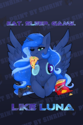 Size: 1600x2400 | Tagged: safe, artist:sinrinf, princess luna, pony, gamer luna, g4, chips, controller, doritos, eating, female, food, pizza, print, solo, stars