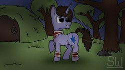 Size: 1280x720 | Tagged: safe, artist:shadikbitardik, oc, oc only, oc:shad, pony, unicorn, angry, bandage, bleeding, blood, colt, forest, male, night, old art, solo, teeth, tree, walking