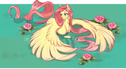 Size: 1759x965 | Tagged: safe, artist:cigarscigarettes, fluttershy, pegasus, pony, g4, female, lidded eyes, long tail, looking away, mare, pegaduck, smiling, solo, spread wings, standing in water, stray strand, turned head, water, waterlily, watershy, wings