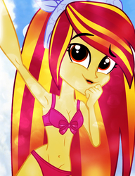 Size: 3000x3912 | Tagged: safe, artist:galacticflashd, oc, oc only, oc:styler selvano, equestria girls, g4, armpits, belly button, bikini, clothes, female, hand on chin, headband, high res, looking at you, open mouth, selfie, skinny, smiling, solo, swimsuit, thin