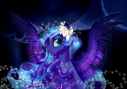 Size: 3000x2112 | Tagged: safe, artist:eiirine, princess luna, alicorn, pony, g4, female, flower, flower in hair, high res, mare, open mouth, solo, spread wings, wings