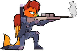 Size: 302x200 | Tagged: safe, oc, oc only, oc:amber wing, griffon, anthro, armor, gun, risk of rain, solo, weapon