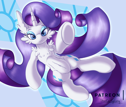 Size: 3000x2550 | Tagged: safe, artist:shad0w-galaxy, rarity, pony, unicorn, g4, adorasexy, bedroom eyes, belly button, chest fluff, cute, ear fluff, female, fluffy, high res, horn, lying, patreon, patreon logo, sexy, smiling, solo