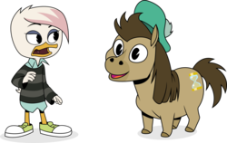 Size: 1679x1058 | Tagged: safe, artist:punzil504, doctor whooves, time turner, duck, kelpie, g4, crossover, cutie mark, david tennant, disney, ducktales 2017, duo, hat, hilarious in hindsight, lena sabrewing, simple background, transparent background, voice actor joke, wat