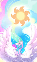Size: 600x1000 | Tagged: safe, artist:srahitai, princess celestia, alicorn, pony, g4, curved horn, female, horn, mare, smiling, solo, spread wings, wings