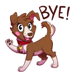 Size: 2887x2968 | Tagged: safe, artist:senaelik, winona, dog, g4, blush sticker, blushing, bye, collar, facebook sticker, female, high res, looking at you, mlp-fied, paw pads, paws, request, simple background, smiling, solo, text, transparent background, underpaw, waving