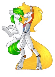 Size: 1556x2160 | Tagged: safe, artist:delifabclub, oc, oc only, oc:white night, earth pony, pony, robot, robot pony, earth pony oc, female, holding a pony, looking at each other, male, mare, simple background, smiling, stallion, white background