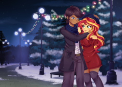 Size: 3500x2500 | Tagged: safe, artist:lucy-tan, sunset shimmer, oc, oc:hemlock, equestria girls, g4, beanie, bench, blushing, boots, canon x oc, christmas, christmas lights, clothes, commission, cute, dress, female, hat, high res, holiday, interracial, lamppost, lipstick, male, night, pants, scarf, shoes, snow, stars, thigh boots