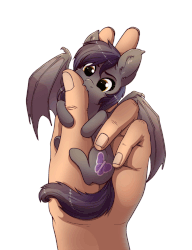 Size: 900x1170 | Tagged: safe, artist:28gooddays, edit, oc, oc only, oc:umbra tempestas, bat pony, human, pony, :3, animated, bat pony oc, behaving like a bat, biting, cute, cute little fangs, ear fluff, fangs, female, finger bite, gif, hand, hnnng, holding a pony, hug, in goliath's palm, mare, micro, nom, ocbetes, simple background, smiling, smol, solo focus, spread wings, tiny, tiny ponies, underhoof, weapons-grade cute, white background, wings