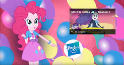 Size: 1364x718 | Tagged: safe, screencap, pinkie pie, equestria girls, equestria girls series, g4, the other side, cyrillic, derp, equestria girls logo, geode of sugar bombs, legs together, magical geodes, pink skirt