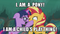 Size: 600x338 | Tagged: safe, edit, edited screencap, screencap, sci-twi, sunset shimmer, twilight sparkle, pony, unicorn, equestria girls, equestria girls series, g4, spring breakdown, spoiler:eqg series (season 2), caption, equestria girls ponified, glasses, meme, nose to nose, ponified, quote, scrunchy face, toy story, unicorn sci-twi