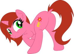 Size: 851x628 | Tagged: safe, artist:rainbowsurvivor, oc, oc only, oc:cherry pin, pony, unicorn, fallout equestria, fallout equestria: child of the stars, butt, dock, face down ass up, fallout, fanfic art, female, looking at you, looking back, mare, plot, solo, tongue out