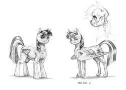 Size: 1400x1003 | Tagged: safe, artist:baron engel, twilight sparkle, alicorn, pony, g4, anatomical study, grayscale, monochrome, pencil drawing, simple background, skull, style comparison, traditional art, twilight sparkle (alicorn), white background