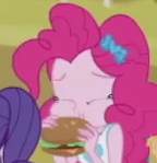 Size: 144x149 | Tagged: safe, screencap, pinkie pie, equestria girls, g4, my little pony equestria girls: better together, schedule swap, burger, cheeseburger, cropped, eating, female, food, hamburger, solo, that human sure does love burgers