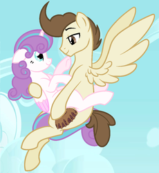 Size: 924x1006 | Tagged: safe, artist:turtlelucy, pound cake, princess flurry heart, alicorn, pegasus, pony, g4, cloud, female, flying, male, older, older flurry heart, older pound cake, ship:poundflurry, shipping, straight
