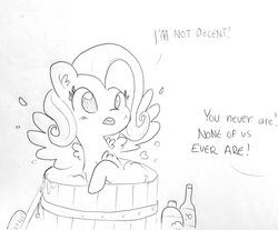 Size: 1686x1393 | Tagged: safe, artist:tjpones, fluttershy, pegasus, pony, g4, bath, bathing, black and white, blushing, brush, chest fluff, dialogue, ear fluff, female, grayscale, lineart, mare, monochrome, offscreen character, shampoo, simple background, spread wings, traditional art, we don't normally wear clothes, wings