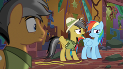 Size: 1280x720 | Tagged: safe, screencap, daring do, quibble pants, rainbow dash, earth pony, pegasus, pony, g4, stranger than fan fiction, female, male, mare, rope, stallion, temple