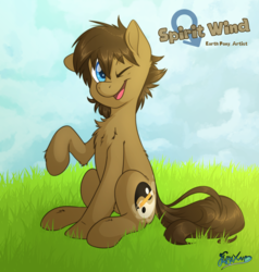 Size: 3800x4000 | Tagged: safe, artist:fluffyxai, oc, oc only, oc:spirit wind, earth pony, pony, looking at you, male, one eye closed, raised hoof, sitting, smiling, solo, stallion, wink