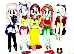 Size: 2222x1638 | Tagged: safe, artist:liaaqila, oc, oc only, oc:aesthetic adore, oc:nightberry, oc:shy meadows, oc:silky feathers, oc:summer song (ice1517), icey-verse, equestria girls, g4, bandana, barefoot, black socks, clothes, commission, dress, equestria girls-ified, eyes closed, feather, feet, female, fetish, foot fetish, gloves, goggles, hijab, hoodie, islam, laughing, lip bite, magical lesbian spawn, next generation, offspring, one eye closed, open mouth, parent:fluttershy, parent:inky rose, parent:lily lace, parent:nightshade, parent:raspberry vinaigrette, parent:tree hugger, parents:flutterhugger, parents:inky lace, parents:nightlace, parents:raspberryshade, scarf, shorts, siblings, signature, simple background, sisters, skirt, sleeveless, socks, stockings, striped socks, tank top, thigh highs, tickle fetish, tickle torture, tickling, traditional art, wall of tags, white background, zettai ryouiki