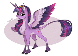 Size: 2428x1752 | Tagged: safe, artist:marbola, twilight sparkle, alicorn, pony, g4, abstract background, alternate design, cheek fluff, colored wings, colored wingtips, ear fluff, eyeshadow, female, fluffy, jewelry, leg fluff, leonine tail, lidded eyes, looking at you, makeup, mare, neck fluff, open mouth, pubic fluff, signature, smiling, solo, spread wings, tail fluff, tiara, twilight sparkle (alicorn), unshorn fetlocks, wing fluff, wings