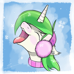 Size: 800x800 | Tagged: safe, artist:hardlugia, oc, oc only, oc:lucky seven, pony, unicorn, earmuffs, earpiece, eyes closed, green mane, happy, snow, snowfall, solo, tongue out, winter