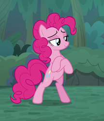 Size: 619x720 | Tagged: safe, screencap, pinkie pie, earth pony, pony, g4, the mean 6, belly, bipedal, cropped, crossed hooves, everfree forest, female, lidded eyes, mare, proud, smug, solo
