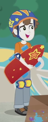 Size: 242x612 | Tagged: safe, screencap, super funk, human, equestria girls, equestria girls series, g4, sic skateboard, spoiler:eqg series (season 2), background human, clothes, cropped, helmet, knee pads, male, pants, shoes, skateboard, smiling, sneakers, solo