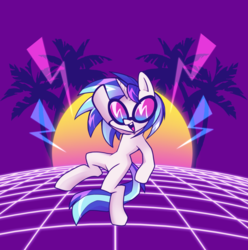 Size: 864x870 | Tagged: safe, artist:techycutie, dj pon-3, vinyl scratch, pony, unicorn, g4, 80s, female, glasses, glowing, palm tree, purple, purple background, simple background, solo, sunset, synthwave, tree