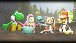 Size: 1920x1080 | Tagged: safe, artist:tbwinger92, fluttershy, chao, pegasus, pony, yoshi, g4, 3d, cake, cheese chao, cream the rabbit, crossover, cupcake, female, flutteryoshi, food, freedom planet, long tongue, male, mare, milla basset, sonic the hedgehog, sonic the hedgehog (series), source filmmaker, super mario bros., tongue out