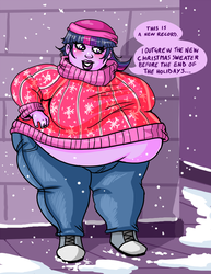 Size: 800x1037 | Tagged: safe, artist:professordoctorc, twilight sparkle, equestria girls, g4, bbw, big lips, christmas sweater, clothes, fat, female, jeans, morbidly obese, obese, pants, snow, solo, ssbbw, sweater, twilard sparkle, weight gain, winter