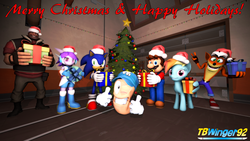Size: 1920x1080 | Tagged: safe, artist:tbwinger92, rainbow dash, pony, worm, g4, 2017, 3d, christmas, christmas ornament, christmas tree, crash bandicoot, crash bandicoot (series), crossover, decoration, freedom planet, heavy weapons guy, holiday, male, mario, present, sash lilac, sonic the hedgehog, sonic the hedgehog (series), source filmmaker, super mario bros., team fortress 2, tree, worms, worms (video game)