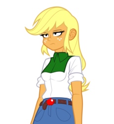 Size: 976x1058 | Tagged: safe, artist:pedantczepialski, applejack, equestria girls, g4, alternate universe, applejack is not amused, blonde, breasts, clothes, equestria girls: the parody series, female, freckles, hatless, missing accessory, simple background, solo, transparent background, unamused