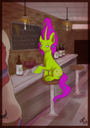 Size: 4093x5787 | Tagged: safe, artist:overlord pony, moondancer, oc, oc:nuclear blossom, pony, unicorn, g4, absurd resolution, alcohol, bar, barstool, glass, interior, sitting, underhoof, wine, wine bottle, wine glass